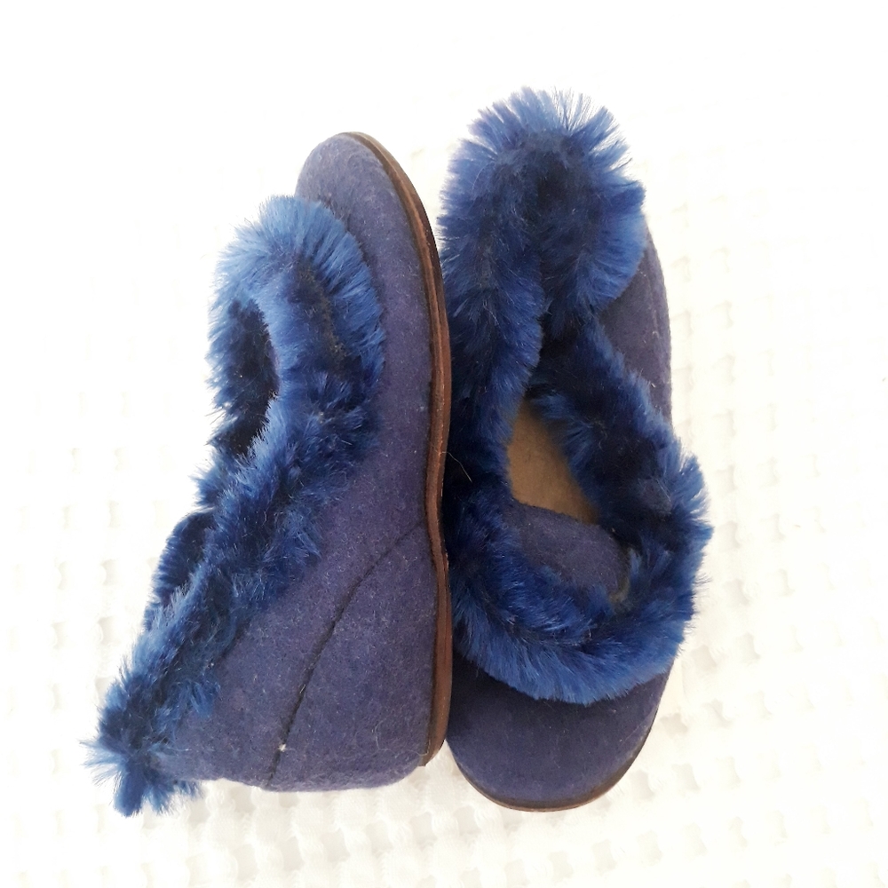 Vintage 1920's Children's Bed Slippers Blue Felt Wool Chenille Trim Wooden Sole - Picture 4 of 12